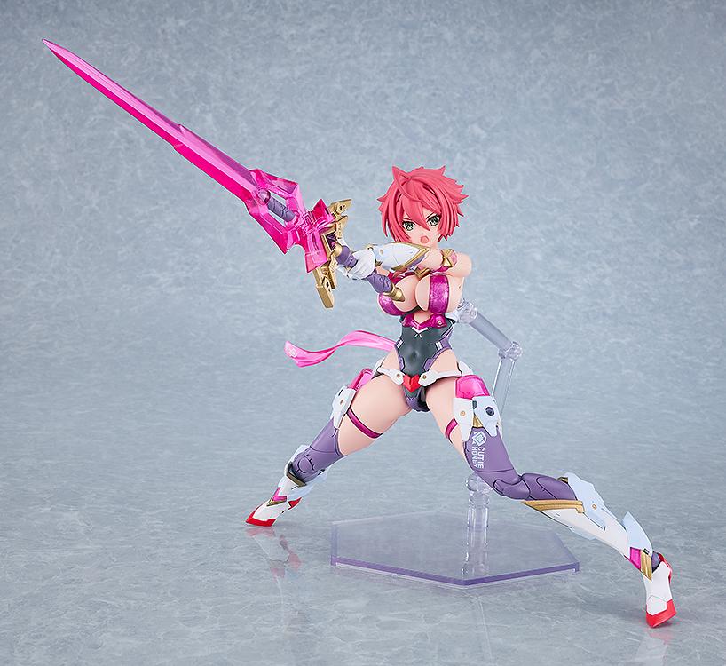 Low-angle dynamic lunging pose of the Cutie Honey Nova model kit swinging a large pink translucent blade weapon with a determined shouting expression.