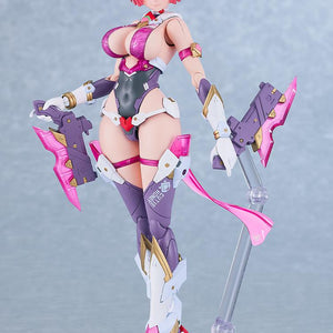 Assembled Cutie Honey Nova model kit standing calmly on a clear display base while holding her dual handgun accessories pointed downward at her sides.