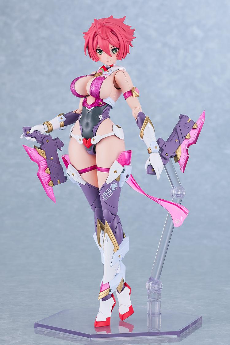 Assembled Cutie Honey Nova model kit standing calmly on a clear display base while holding her dual handgun accessories pointed downward at her sides.