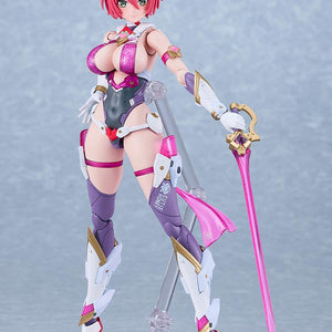 Full-body standing view of the assembled Good Smile Company PLAMATEA Cutie Honey figure on a clear hexagonal display stand, holding her signature translucent pink sword.