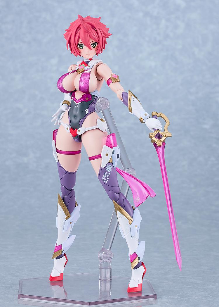 Full-body standing view of the assembled Good Smile Company PLAMATEA Cutie Honey figure on a clear hexagonal display stand, holding her signature translucent pink sword.