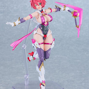 Mid-air jumping pose of the highly articulated Cutie Honey Nova figure holding a pink translucent boomerang blade weapon out to her side.