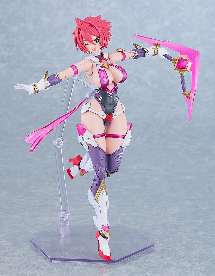 Mid-air jumping pose of the highly articulated Cutie Honey Nova figure holding a pink translucent boomerang blade weapon out to her side.