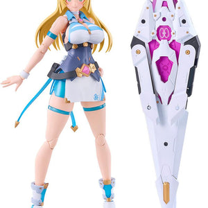 Front view of the PLAMATEA Honey Kisaragi model kit standing next to the Saber Scan robot butler.