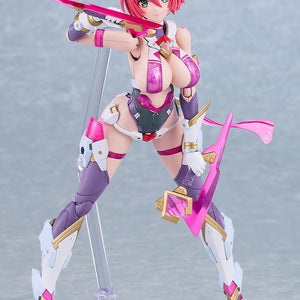 Wide-stance defensive pose of the Cutie Honey Nova plastic model kit holding a small translucent pink knife accessory close to her chest.