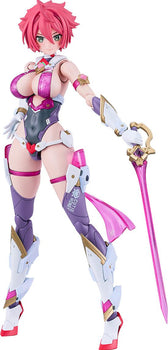Isolated front portrait shot of the assembled Cutie Honey Nova PLAMATEA plastic model kit, showcasing her pink hair, white and purple armor suits, and holding her pink translucent Fleuret sword against a white background.