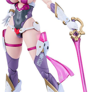 Isolated front portrait shot of the assembled Cutie Honey Nova PLAMATEA plastic model kit, showcasing her pink hair, white and purple armor suits, and holding her pink translucent Fleuret sword against a white background.