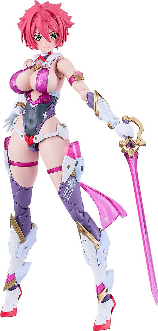 Isolated front portrait shot of the assembled Cutie Honey Nova PLAMATEA plastic model kit, showcasing her pink hair, white and purple armor suits, and holding her pink translucent Fleuret sword against a white background.