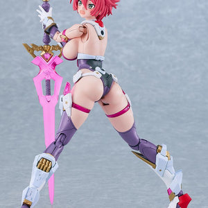 Low-angle rear view of the Cutie Honey Nova model kit looking over her shoulder with a surprised, blushing facial expression while leaning on her pink translucent sword.