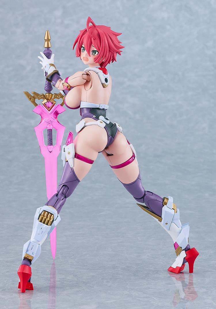 Low-angle rear view of the Cutie Honey Nova model kit looking over her shoulder with a surprised, blushing facial expression while leaning on her pink translucent sword.