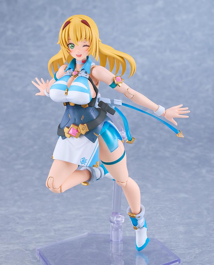 Close-up of Honey Kisaragi model kit with a winking face plate in a dynamic running action pose.