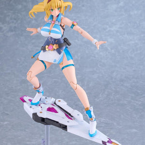 Honey Kisaragi model kit posed dynamically surfing on the Saber Scan robot butler.