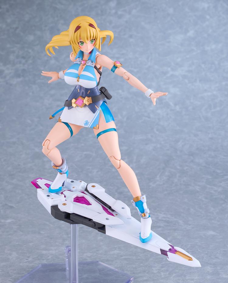 Honey Kisaragi model kit posed dynamically surfing on the Saber Scan robot butler.