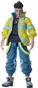 BUZZmod 1/12 scale David action figure from Cyberpunk: Edgerunners wearing a bright yellow EMT jacket and gold cross necklace with a serious expression.