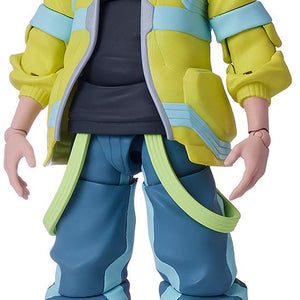 BUZZmod 1/12 scale David action figure from Cyberpunk: Edgerunners wearing a bright yellow EMT jacket and gold cross necklace with a serious expression.
