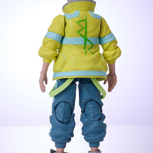 Rear view of the David BUZZmod figure showcasing the bright yellow jacket with the iconic green neon geometric graphic design on the back.