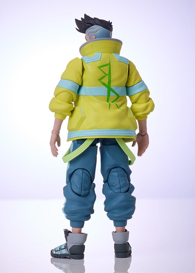 Rear view of the David BUZZmod figure showcasing the bright yellow jacket with the iconic green neon geometric graphic design on the back.