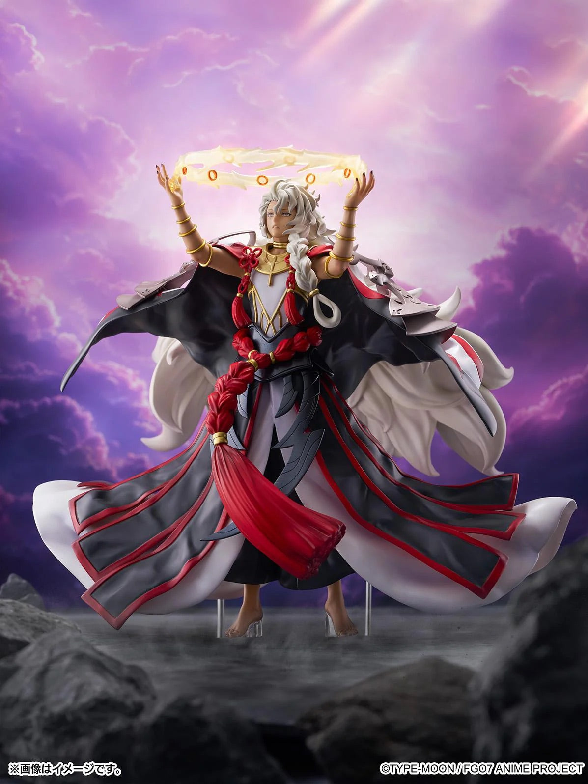 The Solomon figure in a dynamic pose, set against a digital background of purple clouds and dramatic lighting, emphasizing his magical power.