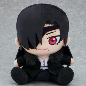 Good Smile Company Daemons of the Shadow Realm Asa plushie sitting upright in a black coat with fur collar trim.