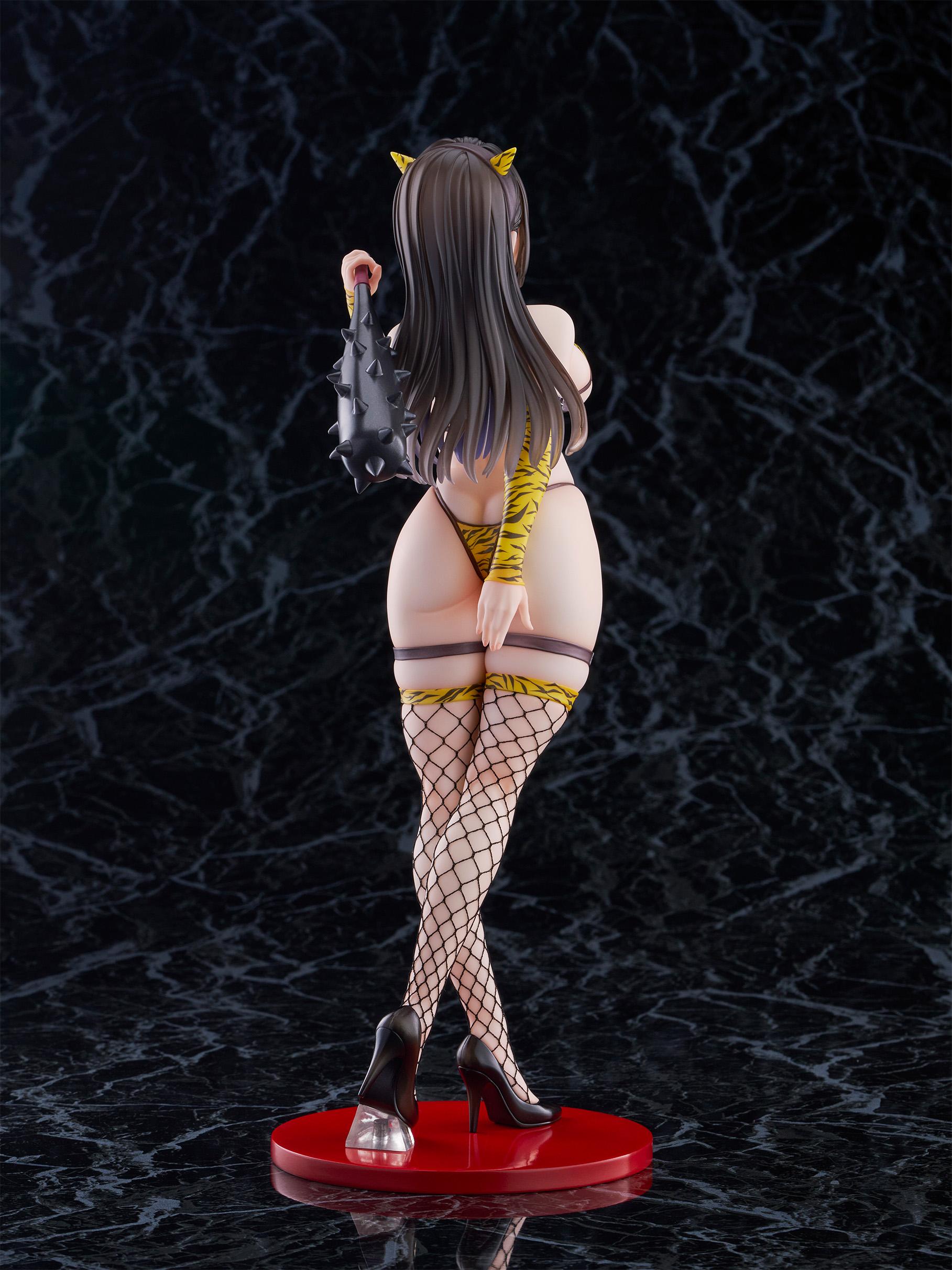 Rear view of the 1/6 scale Oni cosplay statue highlighting the tiger-stripe bikini bottoms and long brunette hair.