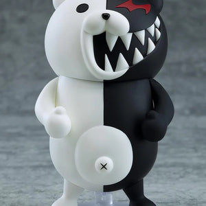 Nendoroid Monokuma figure with the laughing face plate, showing the wide-open mouth and sharp teeth on the black side.