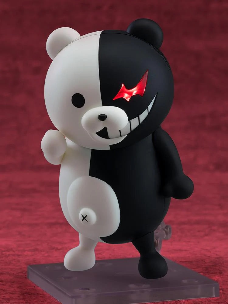 Side view of the Nendoroid Monokuma figure, highlighting the half-and-half body structure and the unique eye detail.