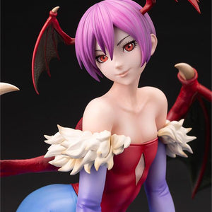 Close-up of the Darkstalkers Lilith 1/7 Scale Figure highlighting her facial expression, purple hair, red eyes, and costume details.
