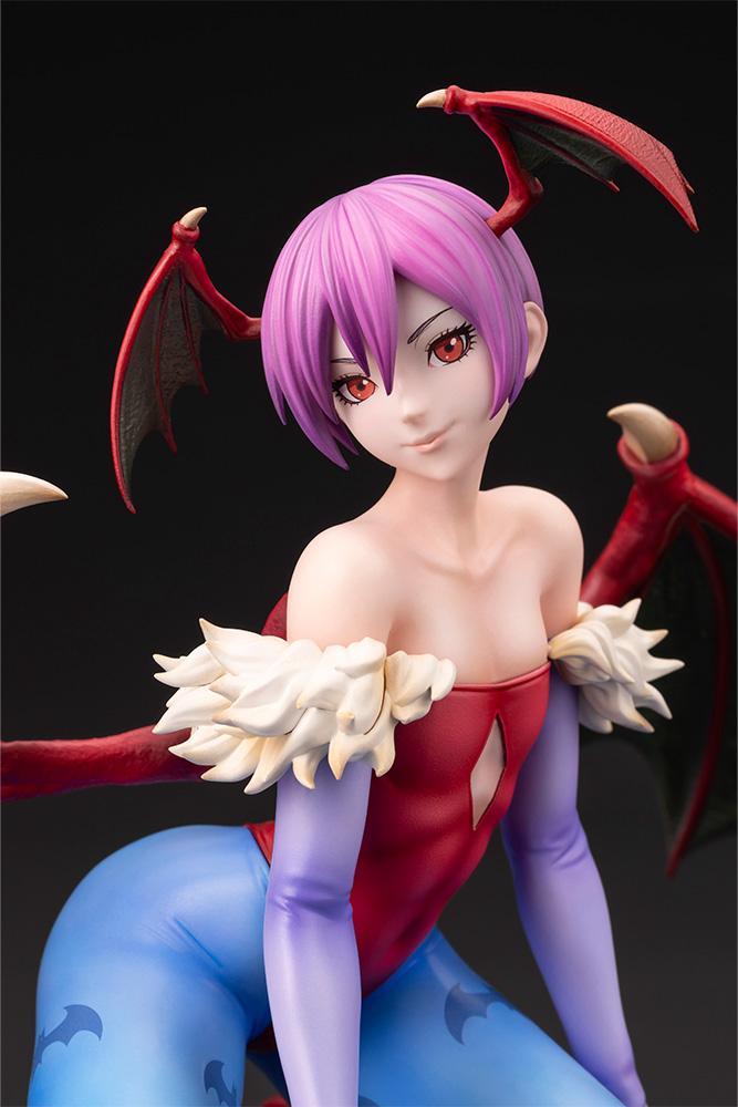 Close-up of the Darkstalkers Lilith 1/7 Scale Figure highlighting her facial expression, purple hair, red eyes, and costume details.