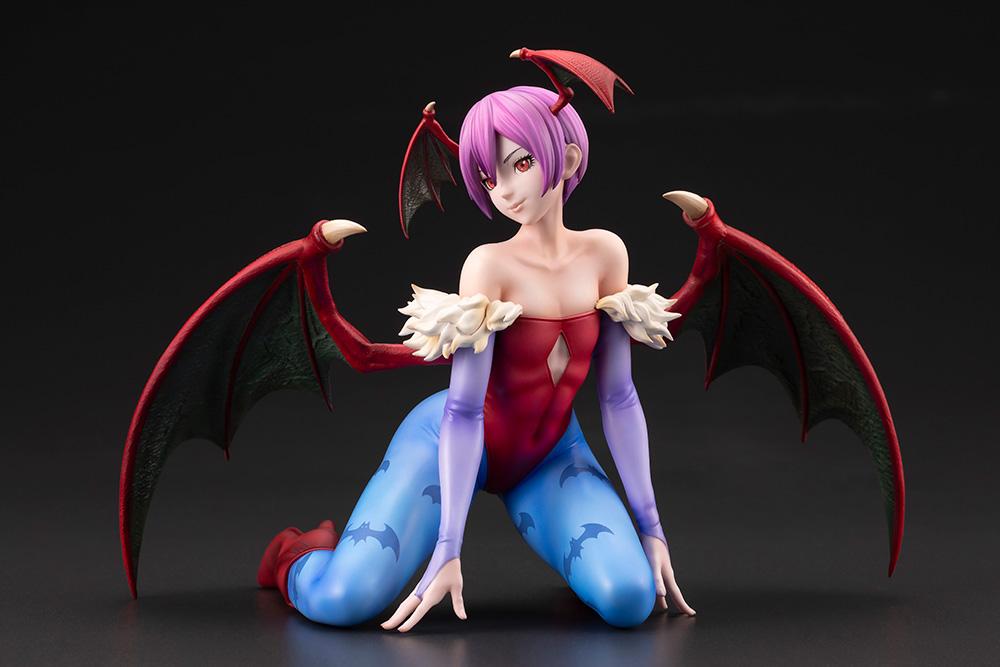 Three-quarter front view of the Darkstalkers Lilith 1/7 Scale Figure showing intricate sculpting, wings, and anime-inspired design.