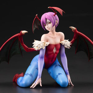 Three-quarter front view of the Darkstalkers Lilith 1/7 Scale Figure showing intricate sculpting, wings, and anime-inspired design.