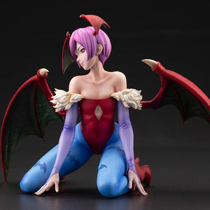Left front angle of the Darkstalkers Lilith 1/7 Scale Figure featuring expressive facial sculpt, wings, and dynamic kneeling pose.