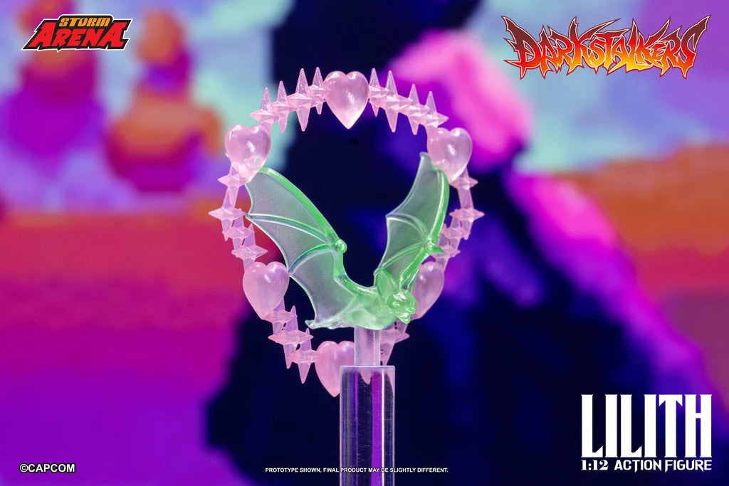 Translucent pink heart and green bat Soul Flash effect accessory for Lilith action figure.