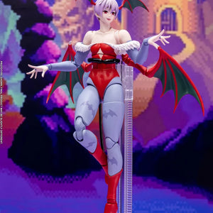 Rear view of the Darkstalkers Lilith action figure displaying sculpted back wings and red heels.