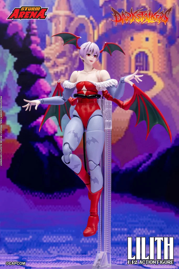 Rear view of the Darkstalkers Lilith action figure displaying sculpted back wings and red heels.