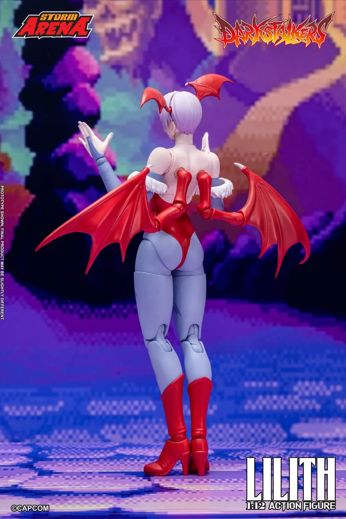 Upper body close-up shot of the Darkstalkers Lilith 1/12 action figure showing head bat wings.