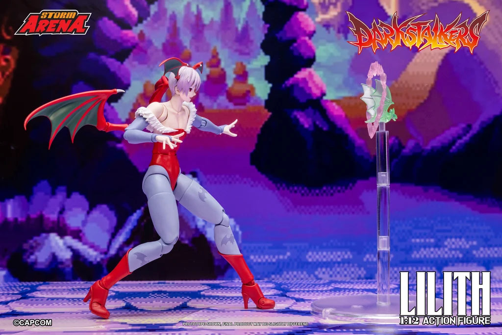 Dynamic aerial pose of the Storm Arena Lilith 1/12 scale figure with open arms on stand.