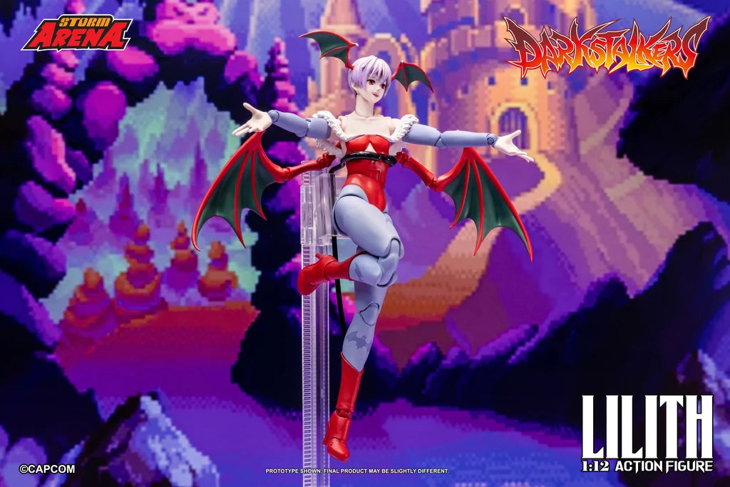 Darkstalkers Lilith action figure posed mid-air with outstretched arms on display stand.