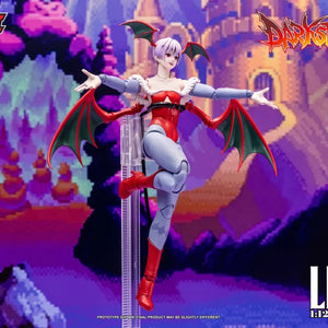 Darkstalkers Lilith action figure posed mid-air with outstretched arms on display stand.
