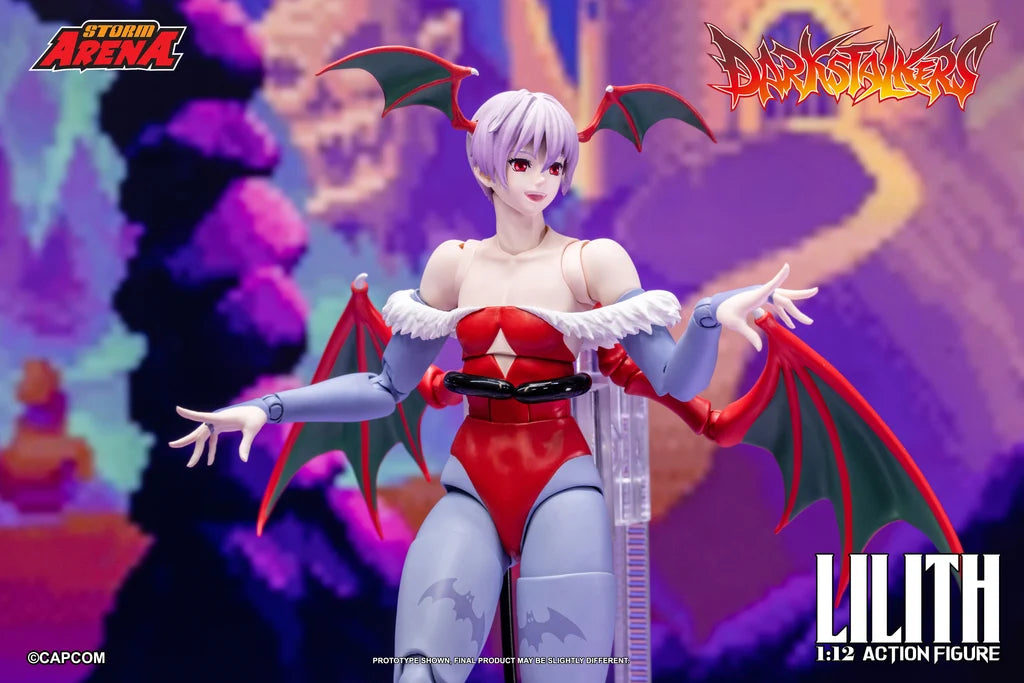 Lilith 1/12 action figure in a floating pose mounted on a clear plastic display stand.