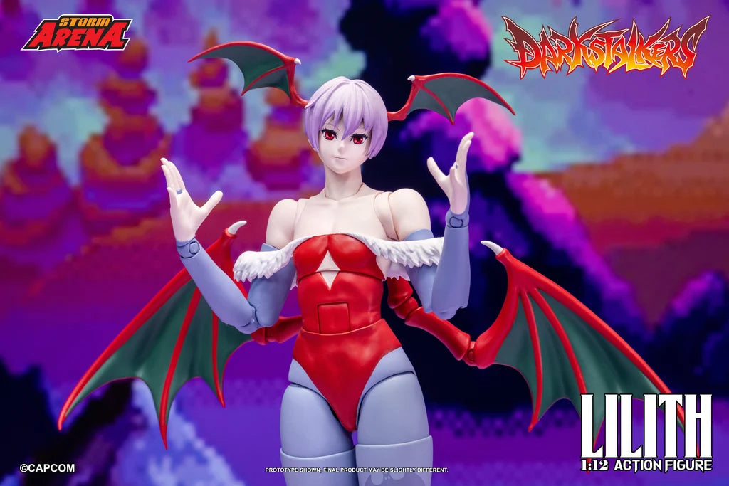 Darkstalkers Storm Arena Lilith 1/12 scale action figure in a full-body front standing pose.