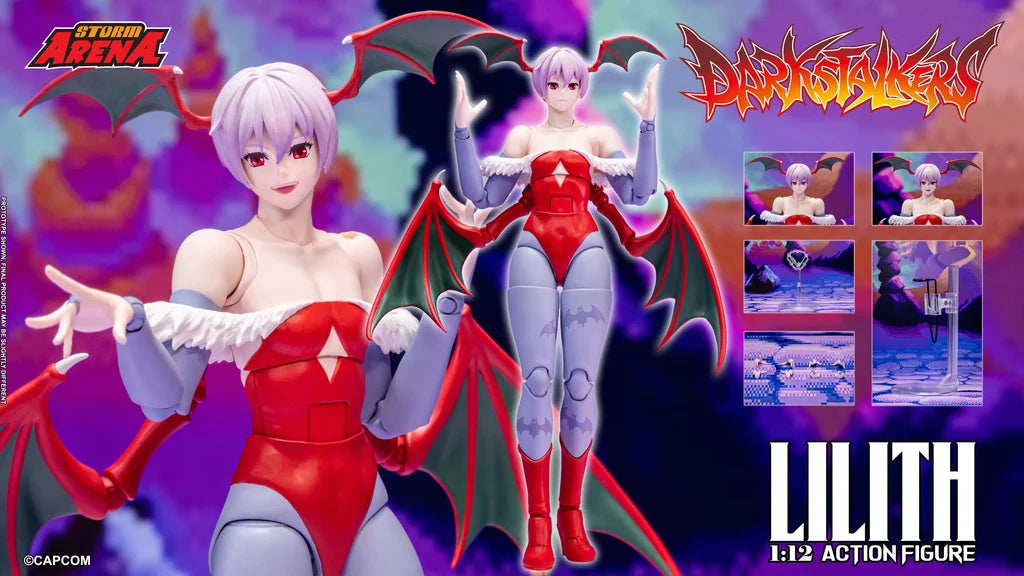 Full set product showcase of Darkstalkers Storm Arena Lilith figure and included accessories.