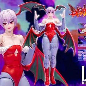 Full set product showcase of Darkstalkers Storm Arena Lilith figure and included accessories.