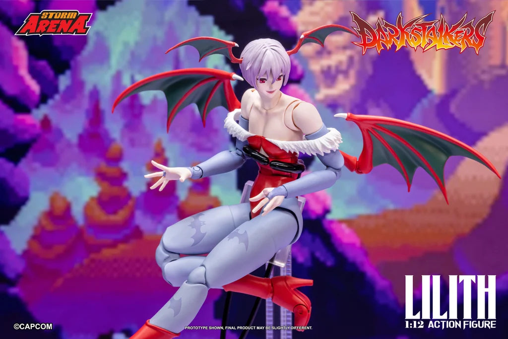 Angled view of Darkstalkers Lilith action figure resting in a floating seated position.