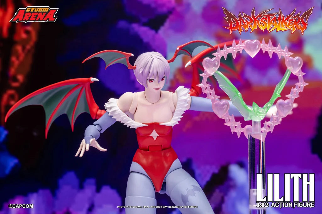 Darkstalkers Lilith action figure posed launching her pink and green bat Soul Flash attack.