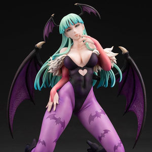 Full front view of the Kotobukiya Darkstalkers Morrigan Aensland 1/7 scale figure kneeling against a dark studio background.