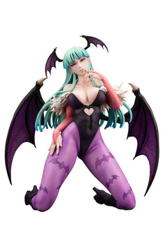 Isolated white studio cutout of the Darkstalkers Morrigan Aensland 1/7 scale figure kneeling in her succubus outfit with wings spread.