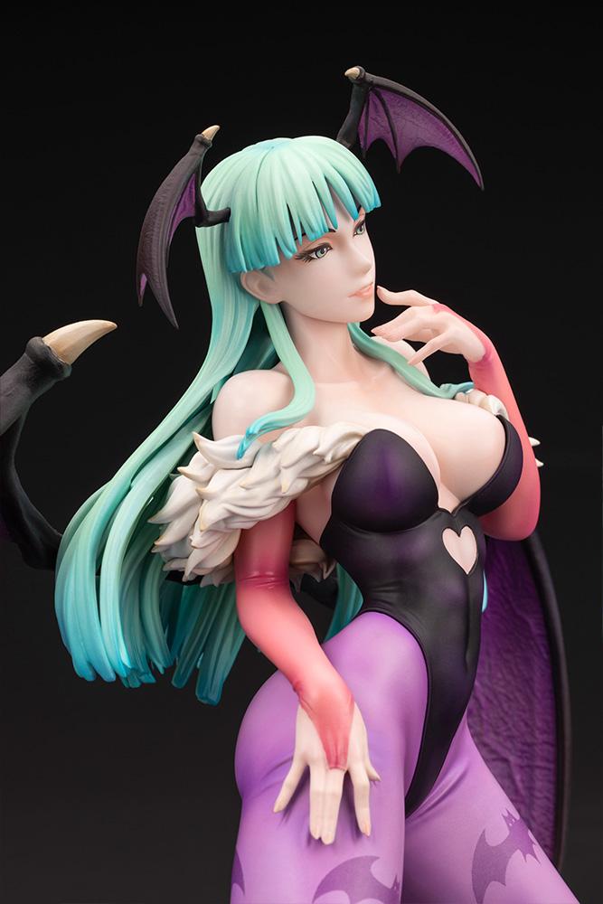 Side portrait close-up highlighting Morrigan's teasing smile, hand gesture, and layered hair sculpt.