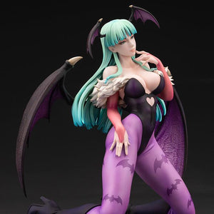 Dynamic low-angle side view of the Kotobukiya Darkstalkers Morrigan figure in her signature kneeling succubus pose.
