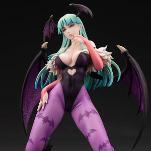 Three-quarter studio view of the Morrigan Aensland 1/7 scale figure highlighting her bat-patterned leggings and black leotard.