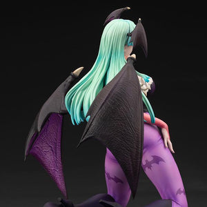Angled back view emphasizing the realistic wing membrane texture and hair sculpt on the Darkstalkers Morrigan figure.